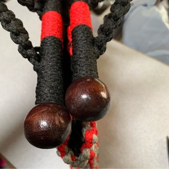 Crochet Red Black Gray Purse Handbag with Dark Wood Embellishments. Handmade - Picture 10 of 10